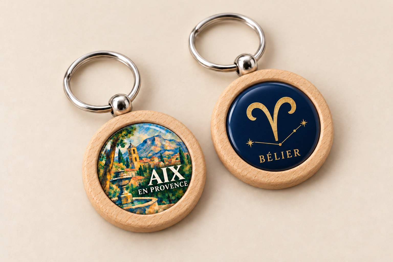 Deux porte‑clés NFC en bois : Aix‑en‑Provence et signe du Bélier